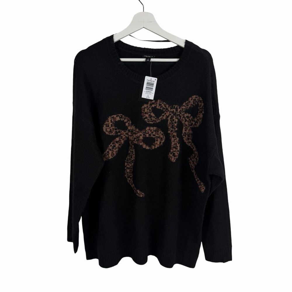 Torrid Sweater Womens 1X  Black Bow Print Crew Neck Coquette Relaxed Long Sleeve